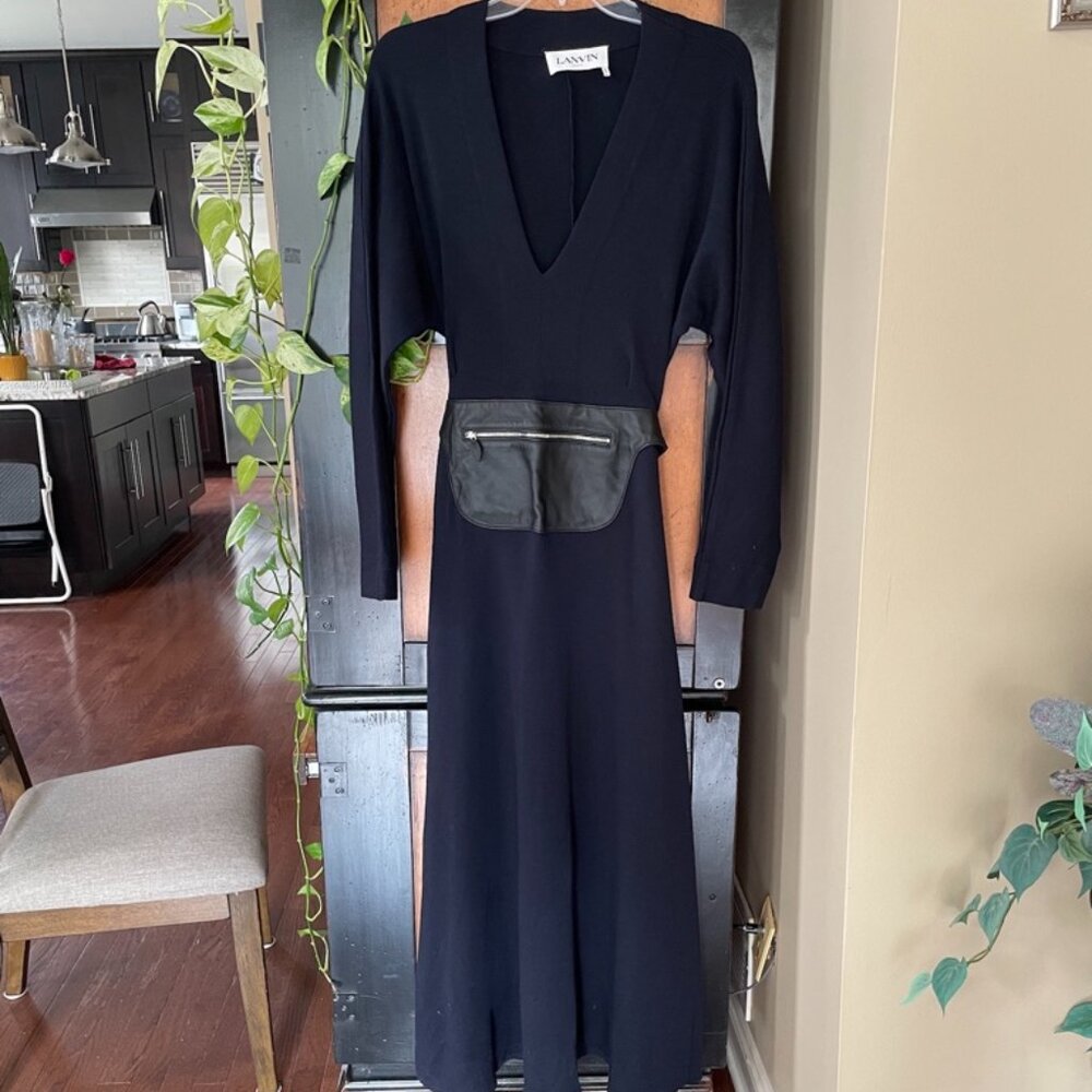 LANVIN Long Navy Blue Wool Dress w/ Leather Zip Pouch sz 36 US 6